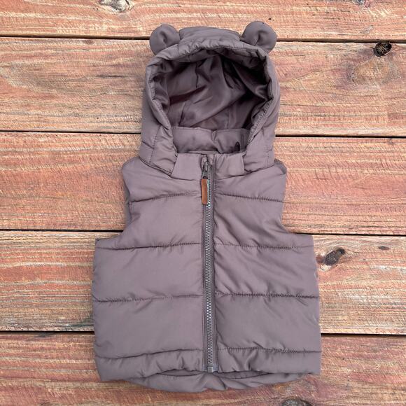H&M Baby Puffer Vest 6M Brown Bear Hood Unisex Winter Warm Zip Jacket Outerwear - Picture 1 of 11